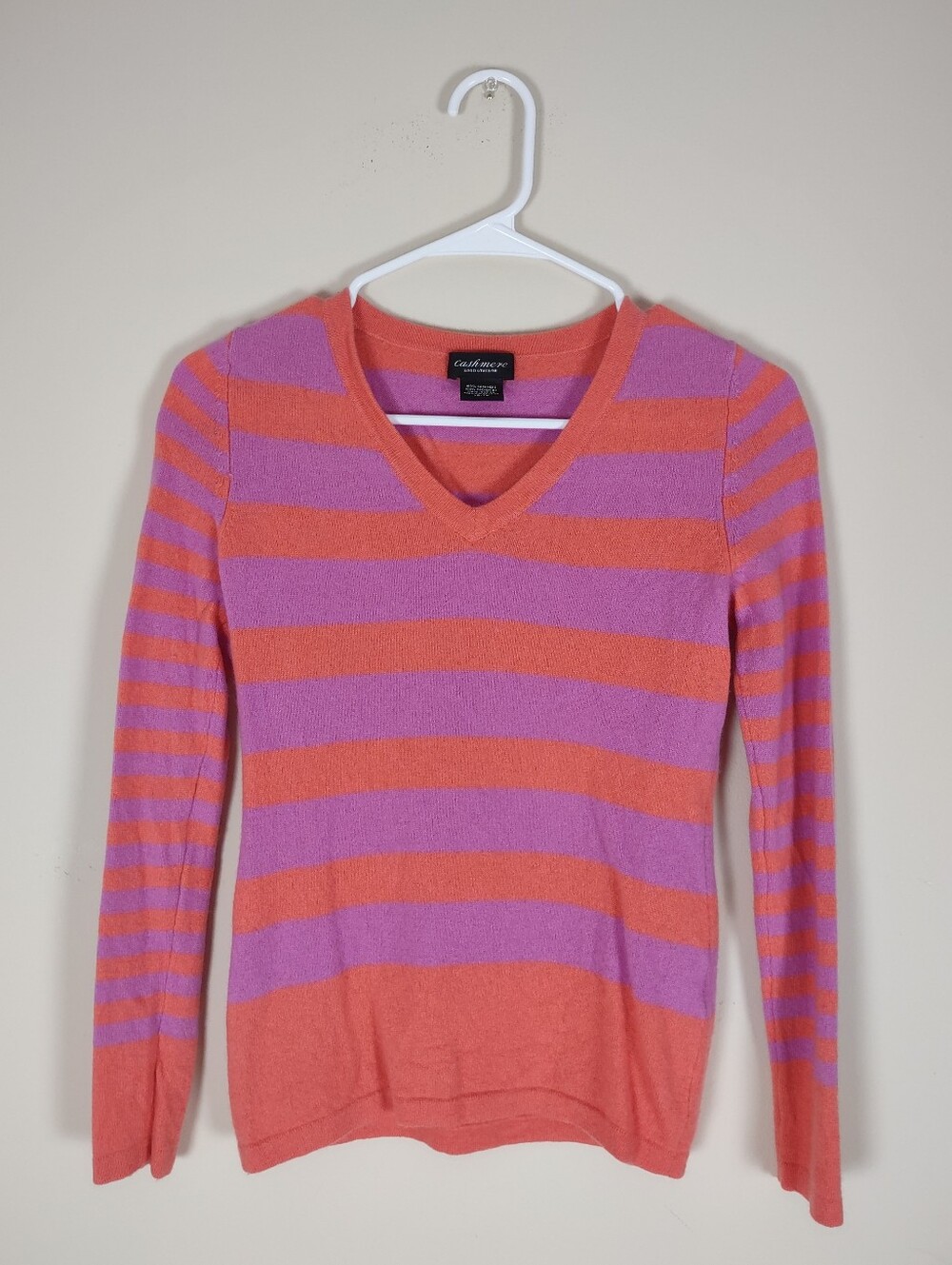 Lord & Taylor Pink and Coral Striped V-Neck Sweater